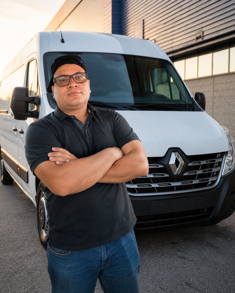 Lucas, motorista dono da Rota Master, em frente à van Renault Master branca